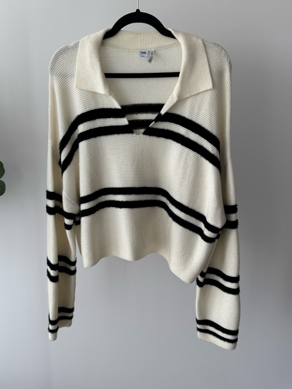 Cream Polo Sweater with Black Stripes